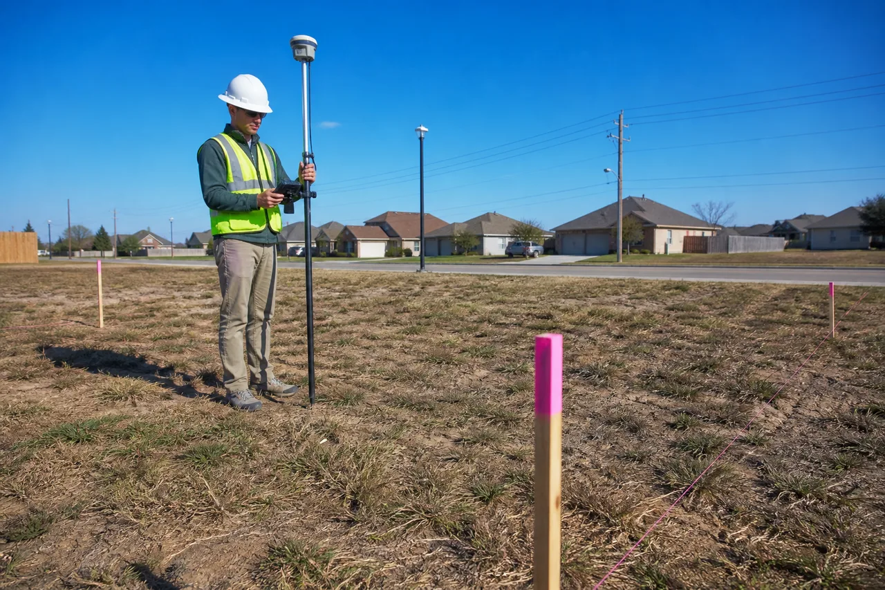 Agrimensor con receptor GPS GNSS relevando un loteo residencial con estacas de límite