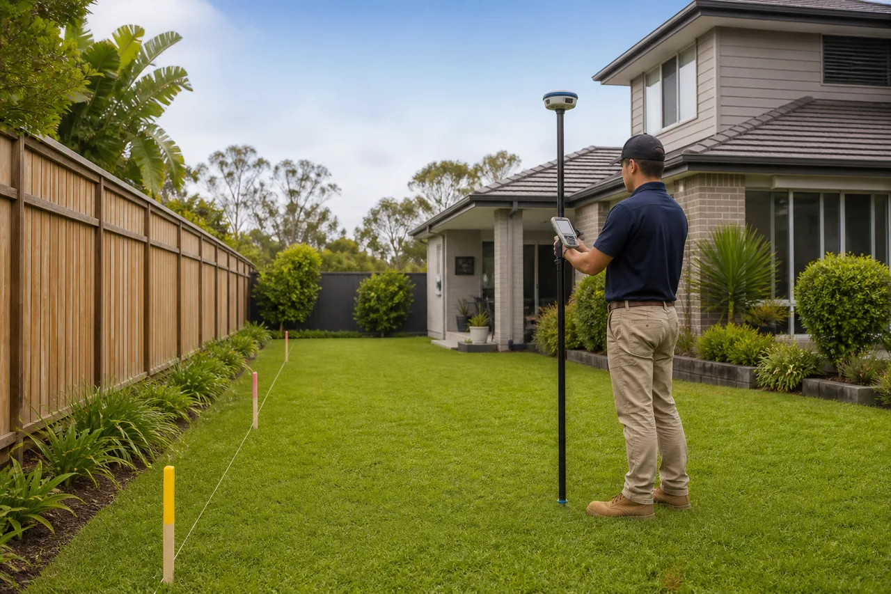 Agrimensor con receptor GPS GNSS relevando un patio trasero junto a un cerco de madera