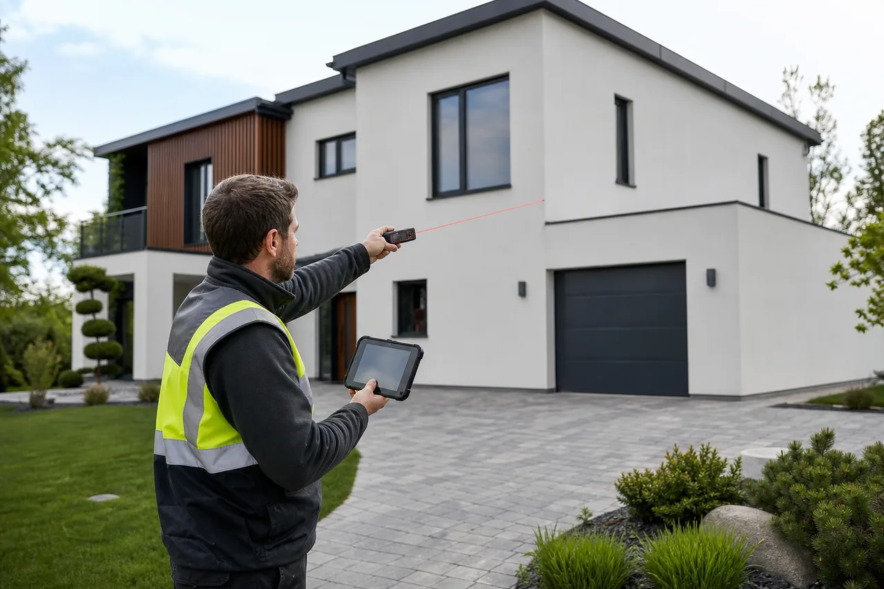 Agrimensor usando un medidor láser y una tablet frente a una vivienda moderna