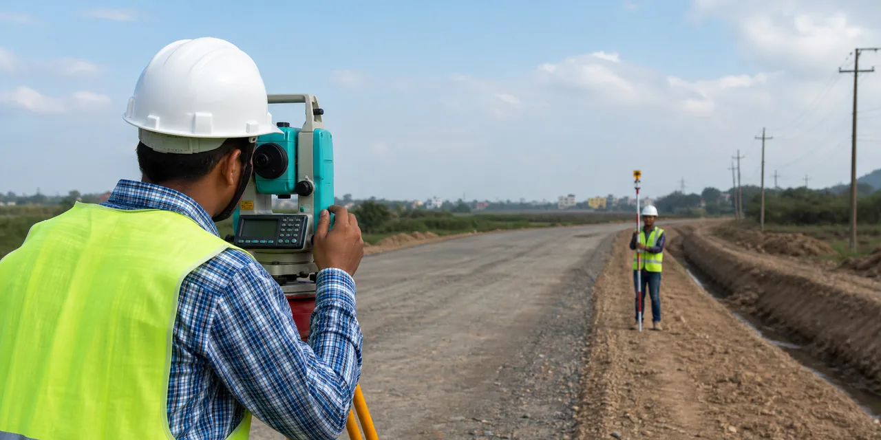 Dos agrimensores relevando un camino de tierra en obra con estación total