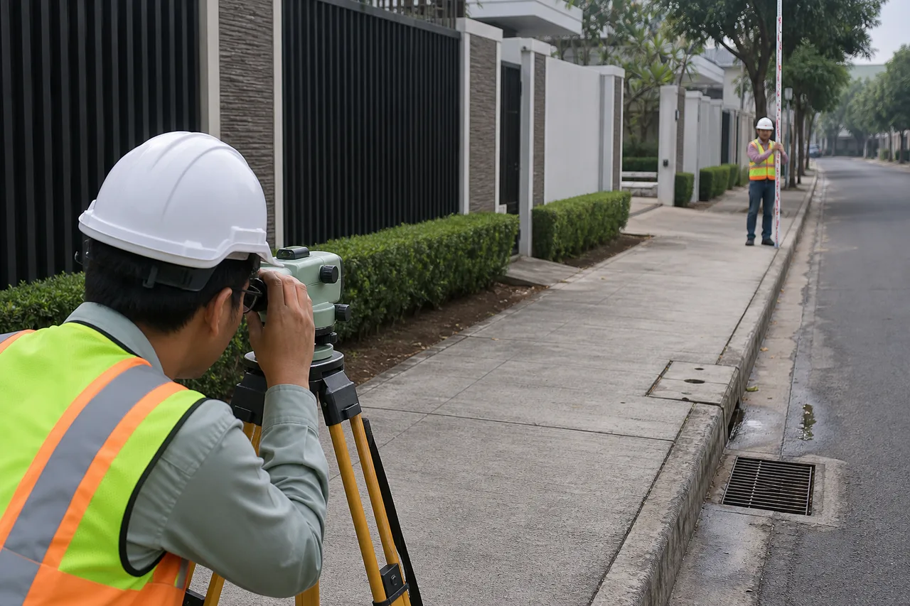 Dos agrimensores relevando una calle de un barrio cerrado con mira topográfica