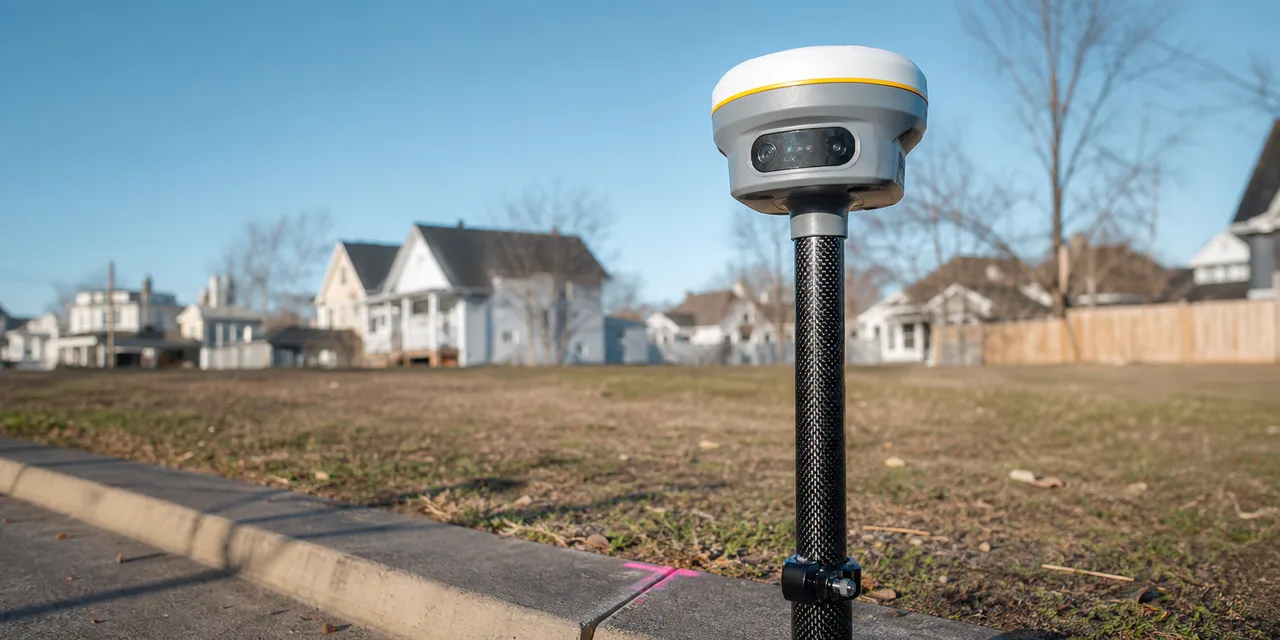 Receptor GPS GNSS en jalón sobre una vereda con casas de fondo