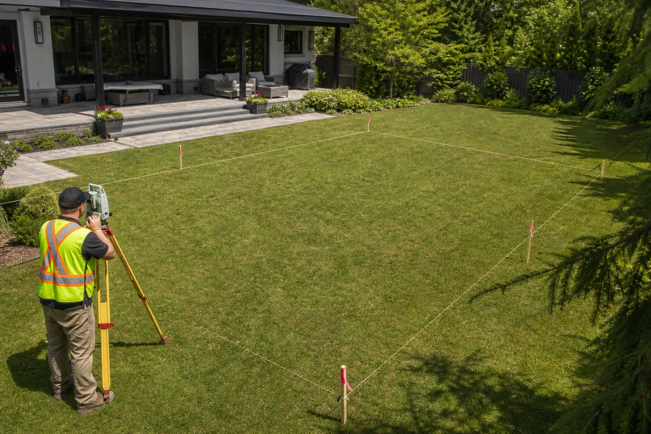 Vista aérea de un agrimensor con estación total relevando un jardín delimitado con banderines